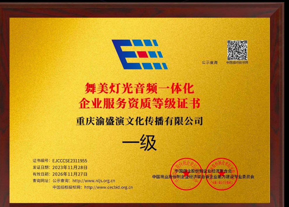 舞美灯光音频一体化企业服务资质一级牌匾